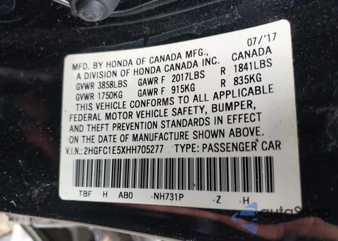 2017 Honda Civic Si z USA, uszkodzony, nr VIN 2HGFC1E5XHH705277